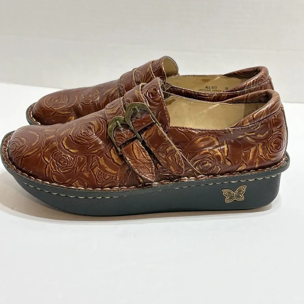 Alegria Ali Choco Brown Tooled Leather Floral Adjustable Comfort Shoes Sz 38